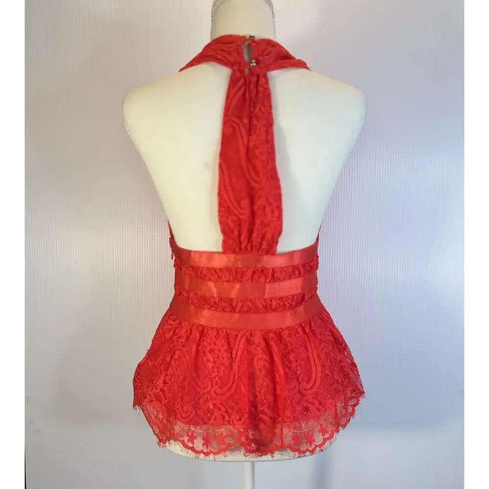 Bebe Lace Halter Peplum Top Poppy Red Women’s Small Plunge Satin Waist Y2K Party - Picture 8 of 16